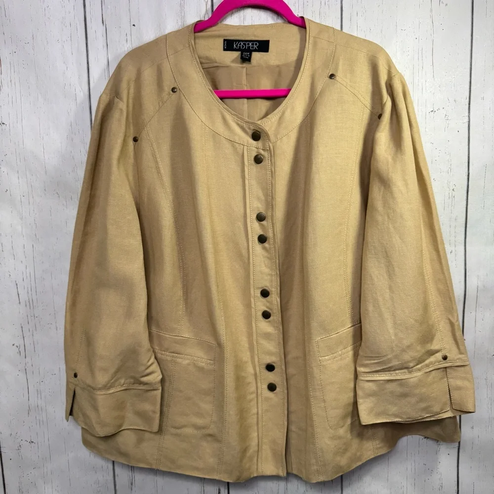 Kasper Linen Blend Blazer 24W Tan Neutral Office Chic Quiet Luxury Lagenlook